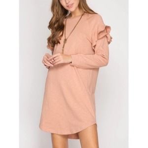 Long Sleeve French Terry Dress With Ruffle Shoulder